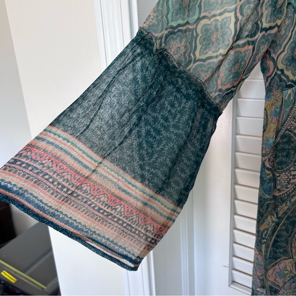 Soft Surroundings Boho Empire Waist Tassel Blouse Green Beaded Pink Flowey Med - Picture 2 of 9